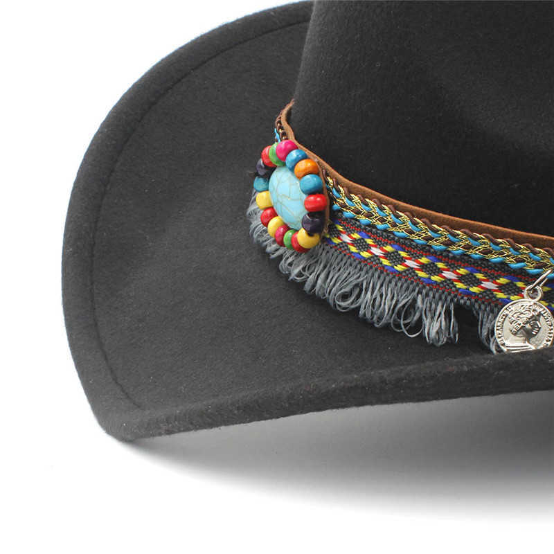 Child Wool Hollow Western Cowboy Hat with Tassel Belt Kids Girl Jazz Hat Cowgirl Sombrero Cap Size 52-54cm for 4-8 Years Q0805