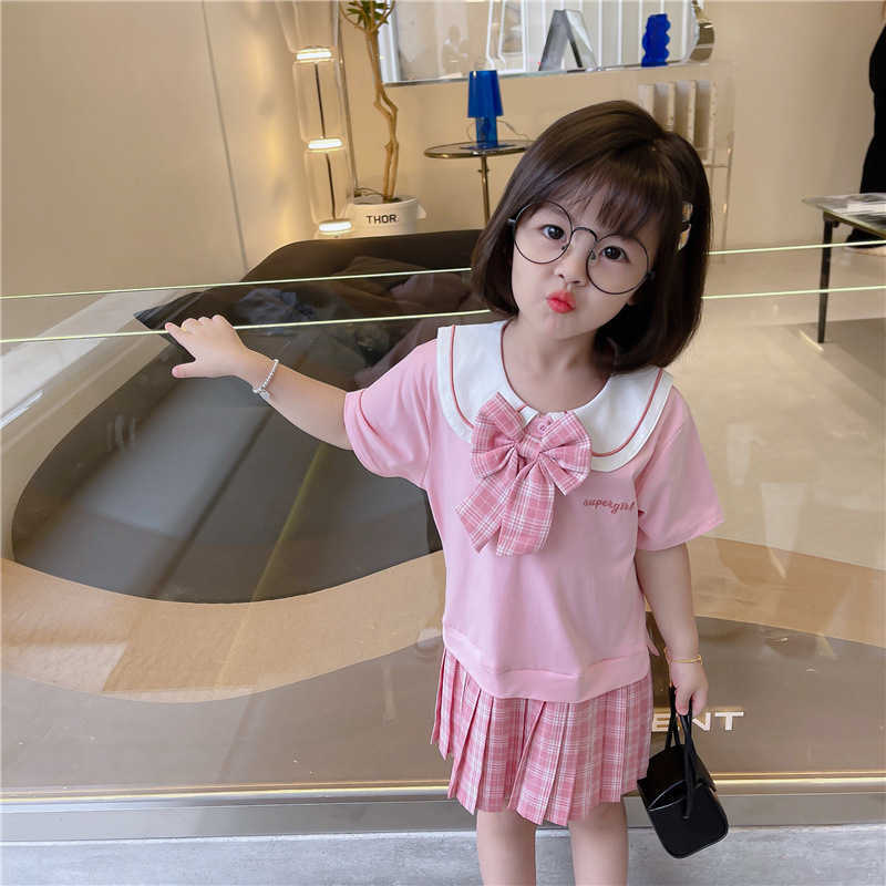 School Girls Stylish Toddler Girl Summer Clothes Fashion Preppy Tops and Plaid Pleated Skirt Clothing Set 2pcs 210529