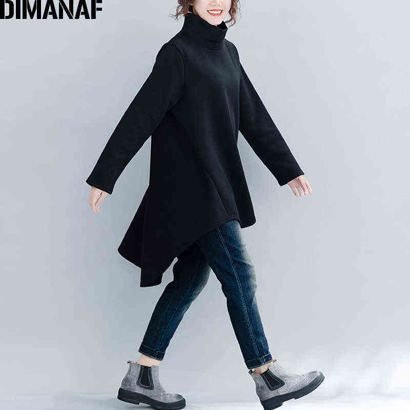 DIMANAF Autumn Winter Pullover Women Clothing Warm Hoodies Sweatshirts Loose Cotton Knitted Thicken Tops Turtleneck Red Black 211109