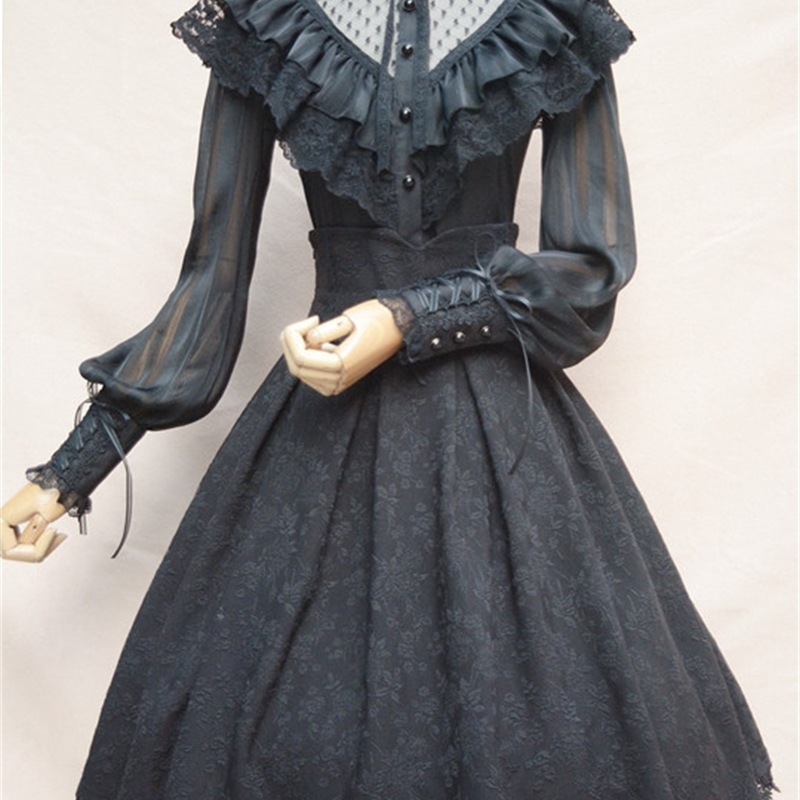 Royal Vintage Illusion Neck Women's Chiffon Blouse Gothic Sheer Long Lantern Sleeve Blouse with Ruffles T200321