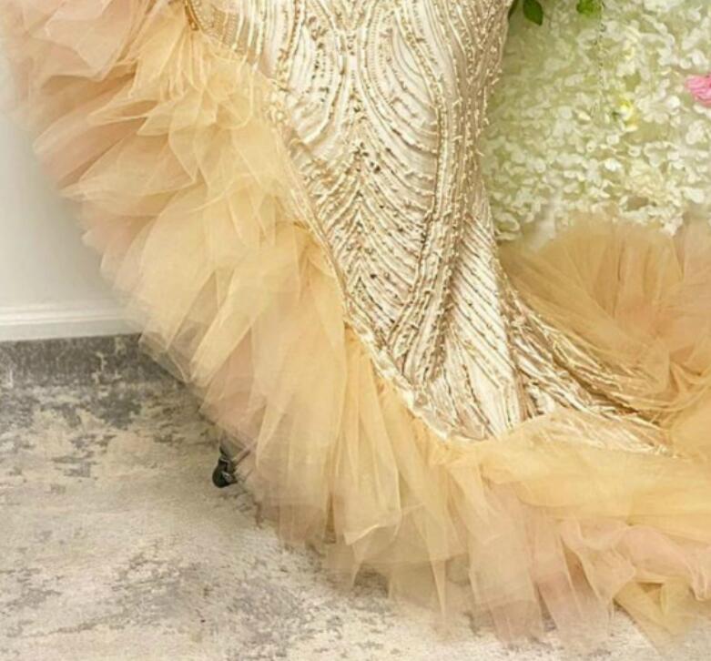 Aso Ebi 2021 Arabic Gold Mermaid Sexy Evening Dresses Lace Beaded Prom Dresses High Split Formal Party Second Reception Gowns ZJ595