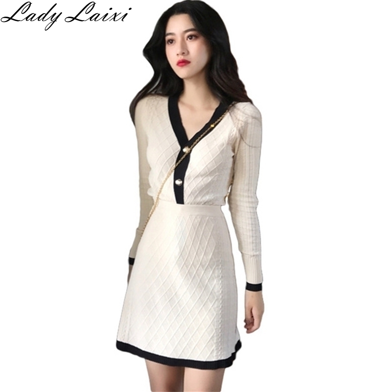 Autumn High quality Women Knit V-neck Long sleeve Cardigan Sweaters+Skirts Sets Solid Plaid Woman Casual OL Skirt Suits T200325