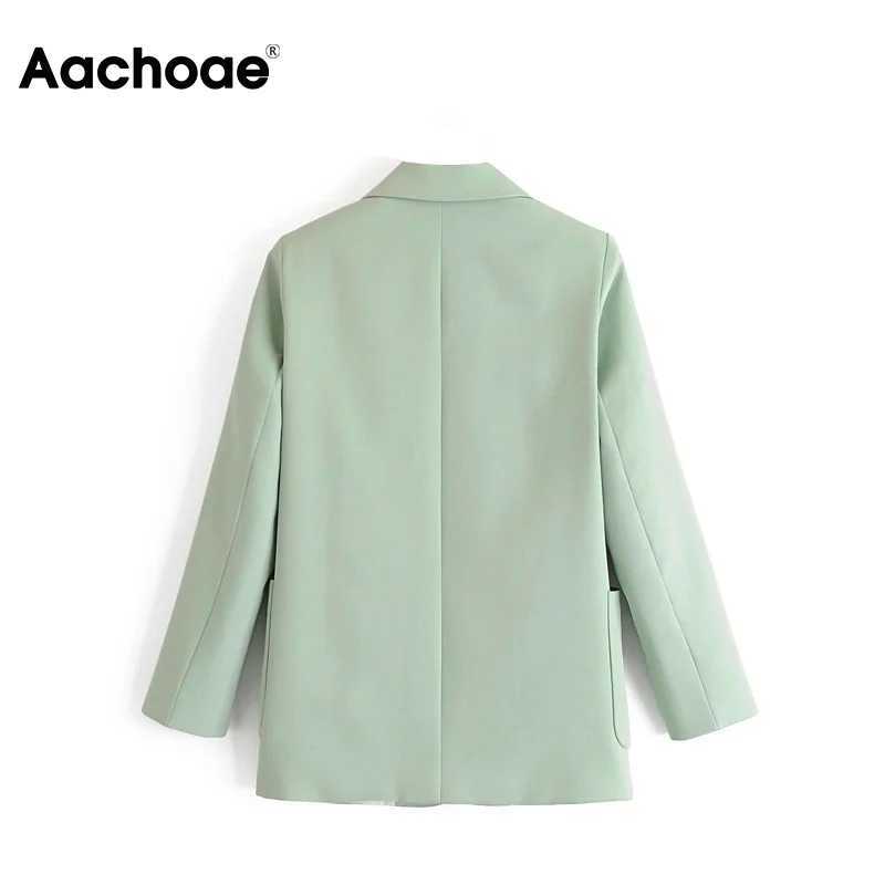 Aachoae Green Color Casual Blazer Women Big Pockets Long Sleeve Jacket Female Notched Collar Office Wear Ropa De Mujer 210930