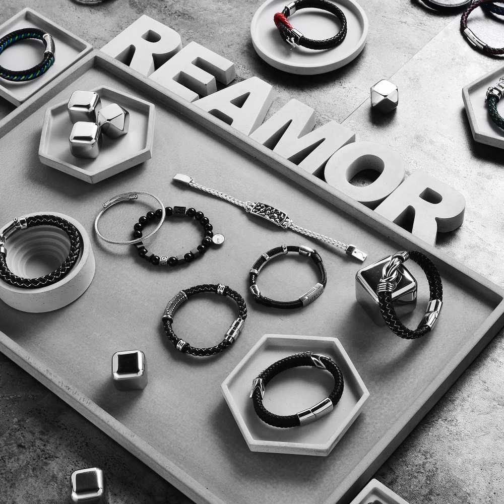 REAMOR Trendy Men Black Leather Bracelet 316l Stainless steel Viking Bead Bracelets with Strong Magnet Clasp 17-21cm 210918