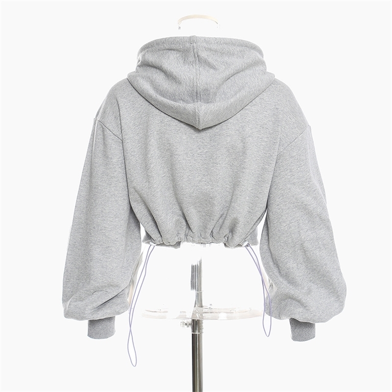 [EAM] Loose Fit Gray Hollow Out Drawstring Sweatshirt New Hooded Long Sleeve Women Big Size Fashion Spring Autumn 1DD0023 201209