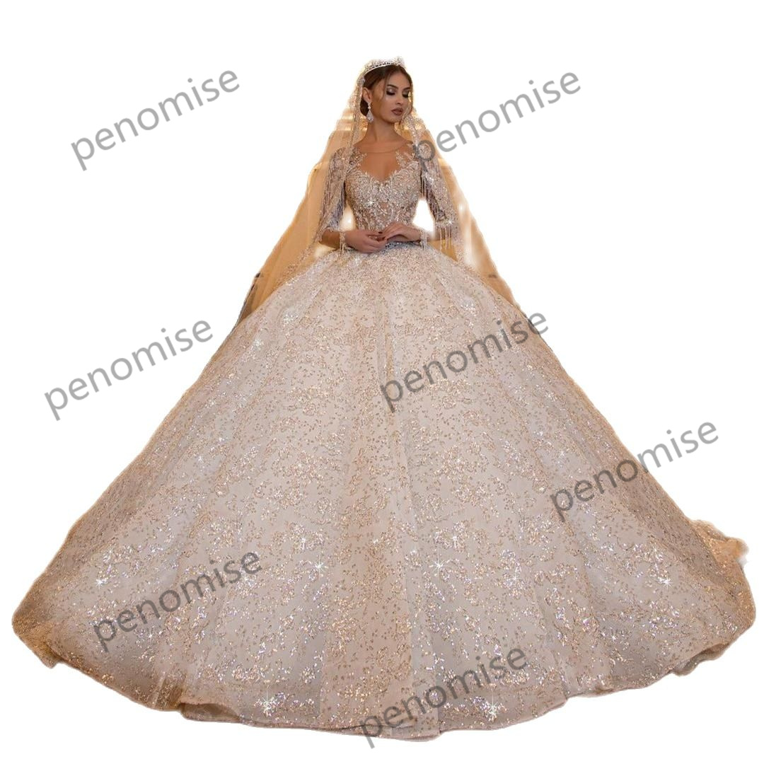 Glitter 2022 Lace Ball Gown Wedding Dresses Jewel Neck Tassels Sparkle Bridal Gowns Plus Size Customise Vintage Vestido De Novia s