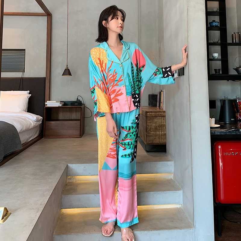 Autumn Print Satin Pajamas Set Women's Casual Home Wear Long Sleeve Elastic Waist Temperament Sleepwear Two Piece Pajama Set 210924
