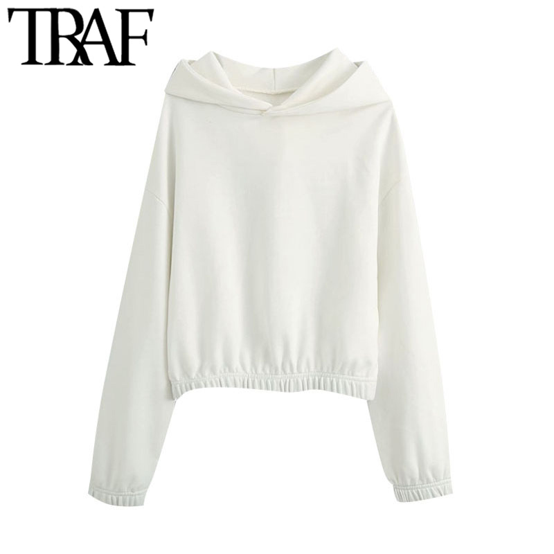 TRAF Women Fashion With Elastic Trims Cropped Hoodies Sweatshirts Vintage Long Sleeve Fleece Female Pullovers Chic Tops 201102