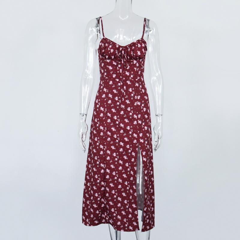 Summer women's floral dress beach wind grassland open back chest draped lace side slit sexy long skirt