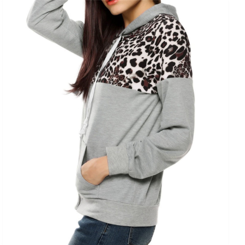 Harajuku Women Leopard Hoodies Sweatshirt Fashion Zipper Pocket Hooded Jacket Outwear Ladies Solid Slim Pullover Clothes Moletom 201102