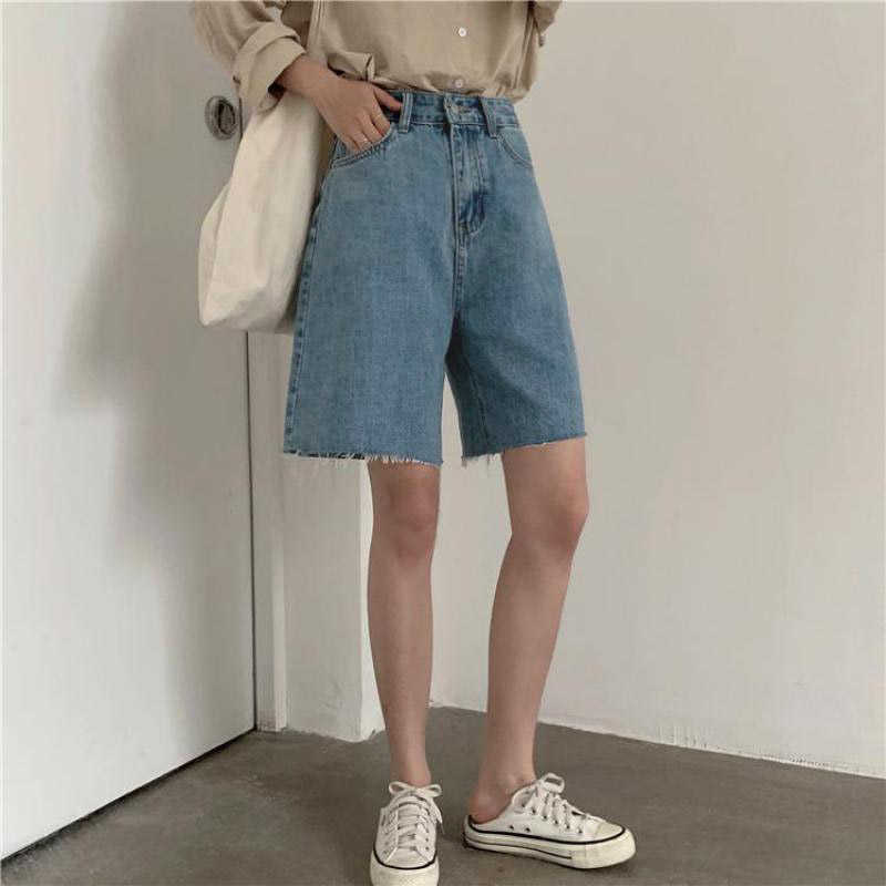 Genayooa Streetwear Blue Cotton Denim Shorts Jeans Korean Style Summer Half- Length Short Feminino High Waist Biker 210714