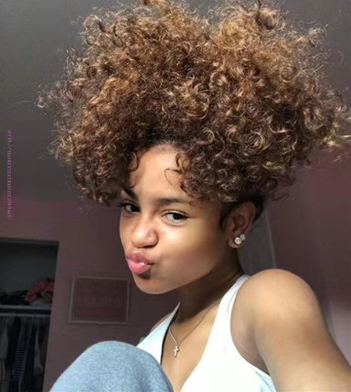 Medium brown kinky curly drawstring ponytail hair piece 100% human hair ponytail clip in afro puff chignon updo