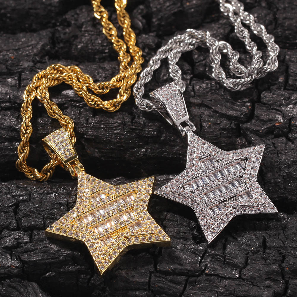 Hip Hop Star Pendant Necklace Bling 18K Real Gold Plated Shining Crystal Zircon Men Women Gift