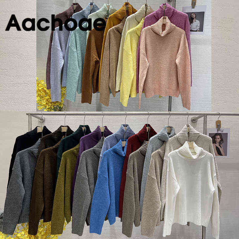 Aachoae Autumn Winter Women Knitted Turtleneck Wool Sweaters Casual Basic Pullover Jumper Batwing Long Sleeve Loose Tops 211109