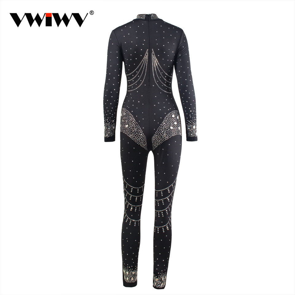 VWIWV Women Mock Neck Jumpsuit Sequin Rhinestone Diamonds Jumpsuits Long Sleeve Skinny Bodysuits Clubwear Party One Piece Romper Y200904