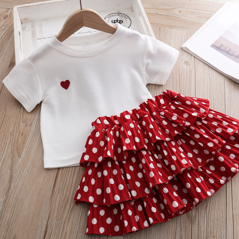 kids clothes girls Girls' suit summer love short sleeve + polka dot cake dress two-piece fashion clothes girls clothes 220307