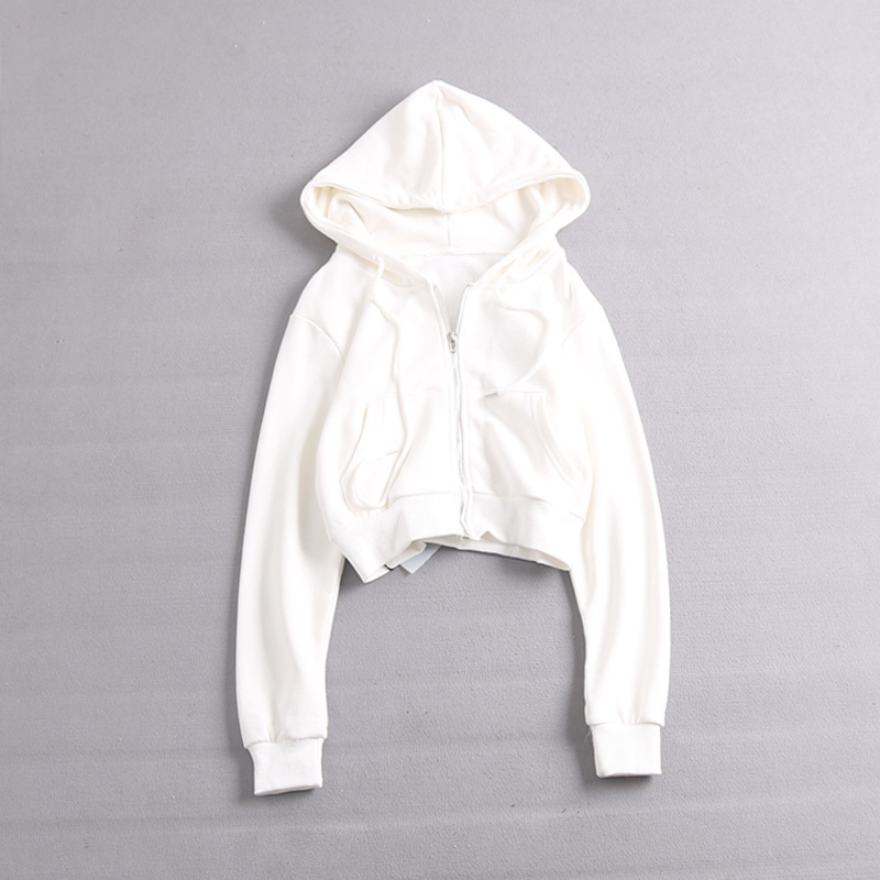 Front Pockets Zip Up Hoodies Women Spring Fall Solid Color Crop Top Casual Sweatshirt Ladies White Black Cropped Hooded 201102