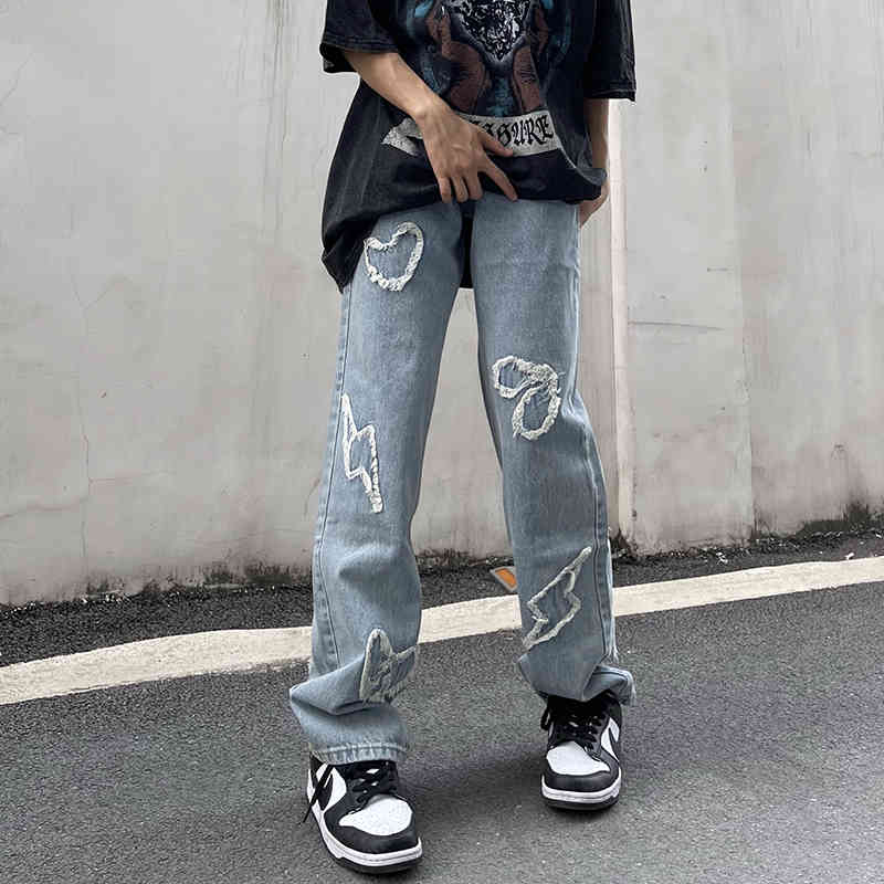 fashion jeans high street love embroidery retro vibe fringe pants men and women straight oversize casual baggy denim trousers, Blue
fashion jeans high street love embroidery retro vibe fringe pants men and women straight oversize casual baggy denim trousers, Blue