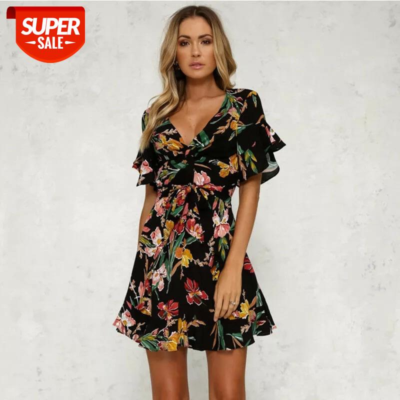 Women Short Sleeve Wrap Boho Floral Mini Dress Ladies Summer Party Beach Casual V-Neck Short Sundress Holiday #f11a, Black;gray