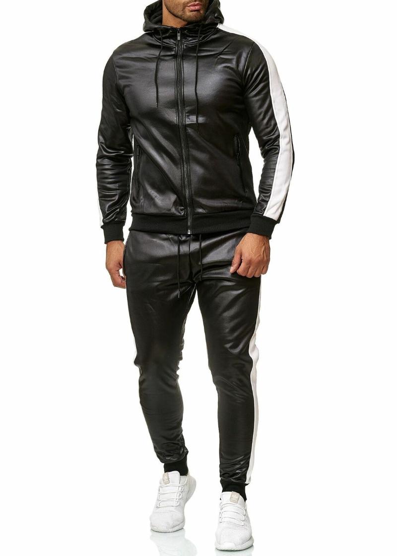 Men's 2-Piece Tracksuit: PU Leather Hoodies & Sweatpant Jogging Suit B2