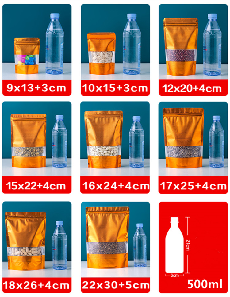 100pcs Stand up Embossed Gold Aluminum Foil Window Zipper Bag Doypack Resealable Chocolate Coffee Biscuits Snack Salt Pet Food Heat Sealing Packaging 