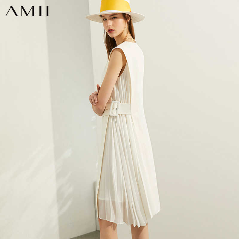 Minimalism Spring Summer Fashion Splice Pleated Dress Women Vneck Sleeveless Knee-length 12070255 210527