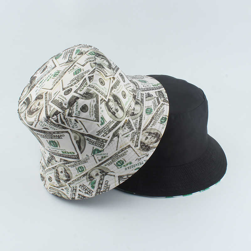New Dollar Print Fishing Cap Bob Chapeau Femme Reversible Bucket Hat Men Fishing Bucket Hats for Women Harajuku Hip Hop Gorro Q0805