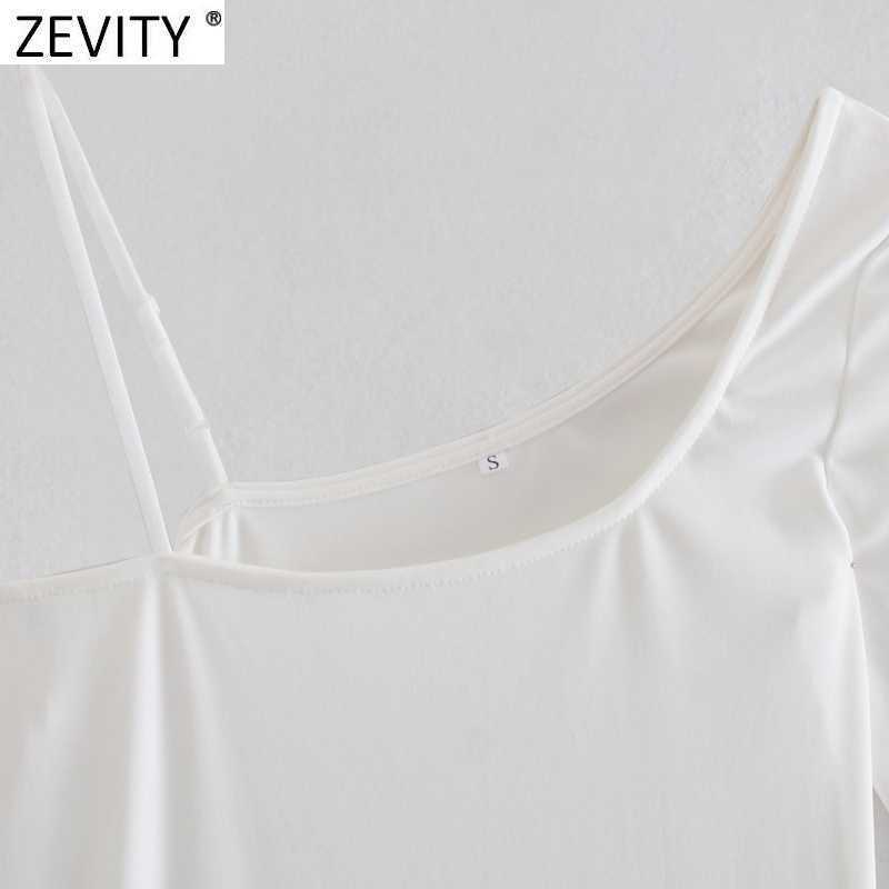 Zevity Women Sexy Single Shoulder Asymmetrical Shirt Dress Female Chic Side Zipper White Casual Slim Mini Vestidos DS8276 210603