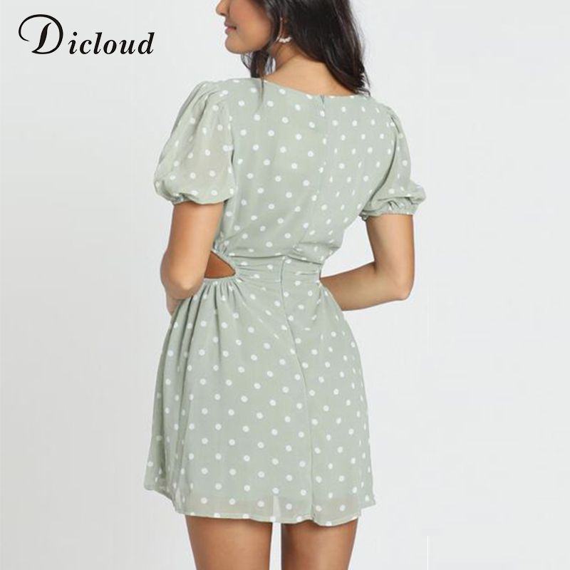 DICLOUD Polka Dot Green Summer Dress Chiffon Sexy Hollow Out Drawstring Waist Mini Day Dress Party Holiday Outfit Fashion 210303