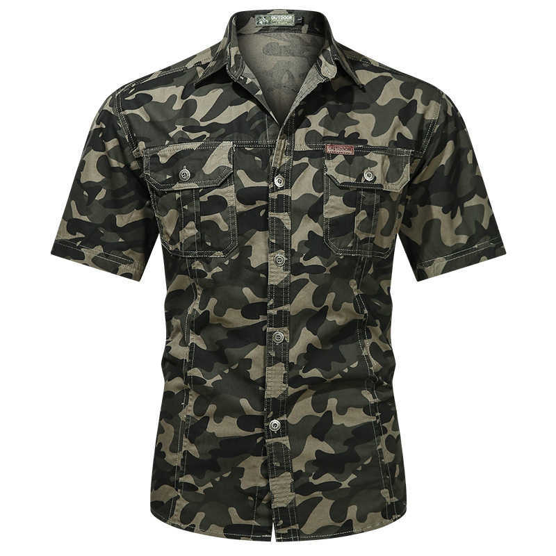 Camouflage Short Sleeved Shirts Men Summer Army Green Cotton Denim Shirts Casual Tooling Shirts Slim 2 Pockets Men's Blouse 210603
