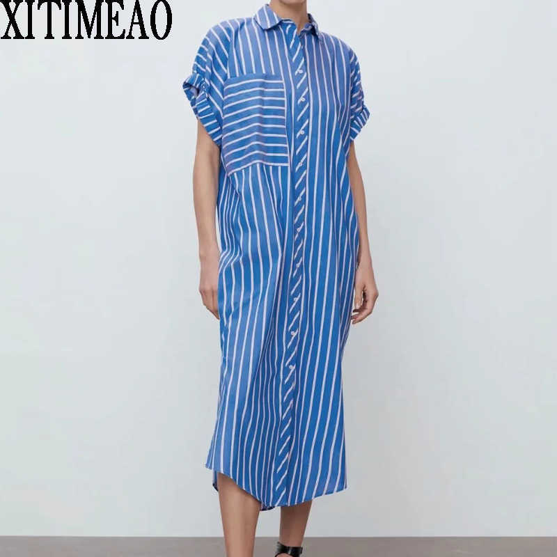 Za Women Summer Retro Stripe Printing Dress Short Sleeve Lapel Loose Long Length Party Female Holiday Dess 210604, Blue
Za Women Summer Retro Stripe Printing Dress Short Sleeve Lapel Loose Long Length Party Female Holiday Dess 210604, Blue