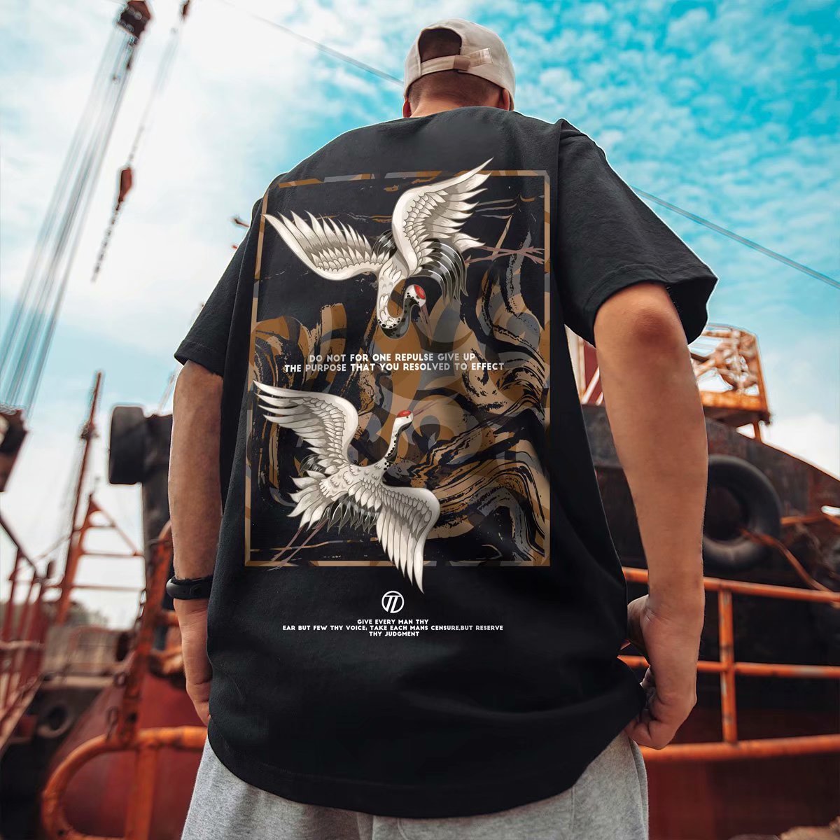 t shirt 2021 short sleeve men's china style crane fat fashion loose trend large half, White;black
t shirt 2021 short sleeve men's china style crane fat fashion loose trend large half, White;black