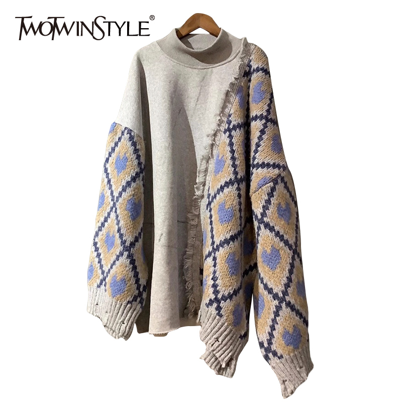 TWOTWINSTYLE Patchwork Knitted Tassel Sweatshirt For Women Turtleneck Long Sleeve Thick Lazy Casual Sweatshirts Female Fashion 201204