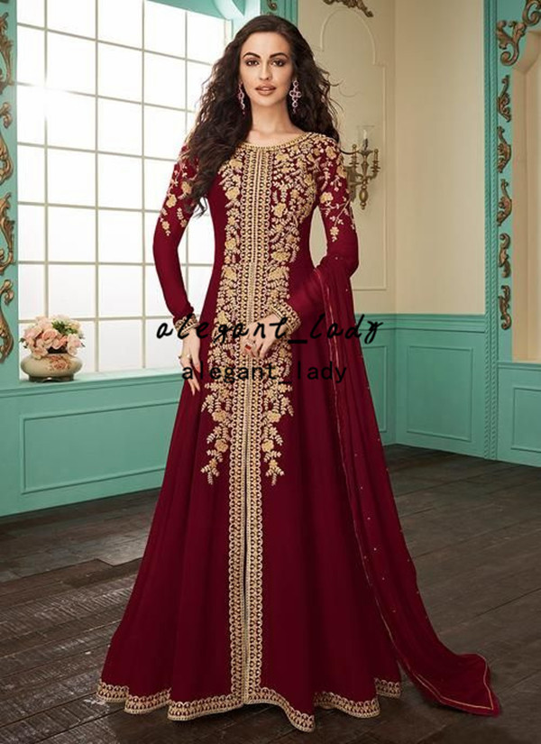 Burgundy Slit Style Embroidered bridal Anarkali Suit indian wear festival gold lace applique long sleeve wedding dress jumpsuit