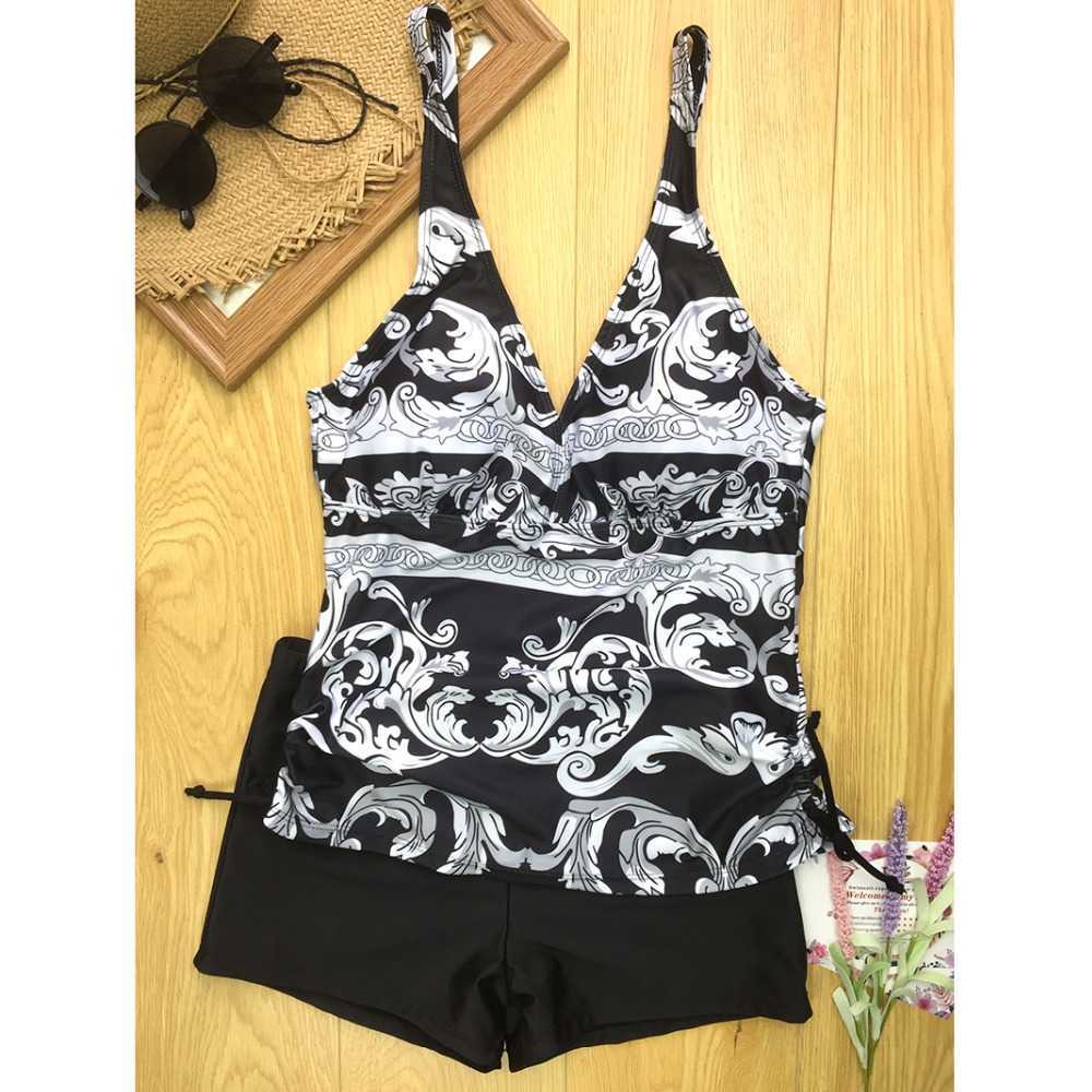 Two Piece Swimwear Women Plus Size Tankini Swimsuits with Shorts V neck Tankinis Set Swim Wear Black Print Bathing Suit 2XL 210611