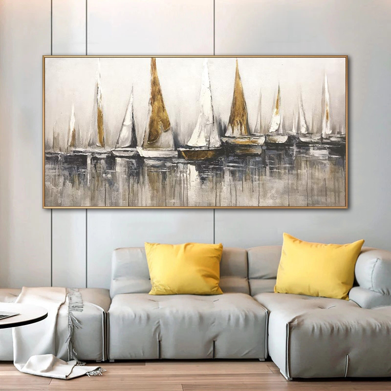 Golden Sailboat Painting Wall Art For Living Room Boat Ship Pictures Canvas Prints Modern Home Decor Oil Painting On Canvas