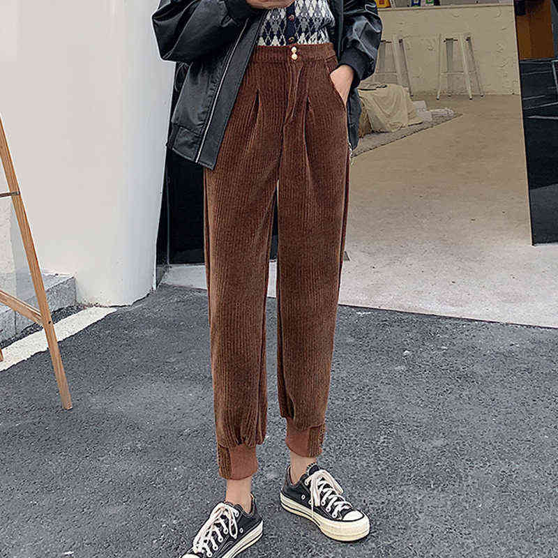 JMPRS Winter Corduroy Pants Women Thick Warm Plus Size Fashion Zipper Elastic High Waist Pencil Pant Causal Loose Baggy Trousers 211115