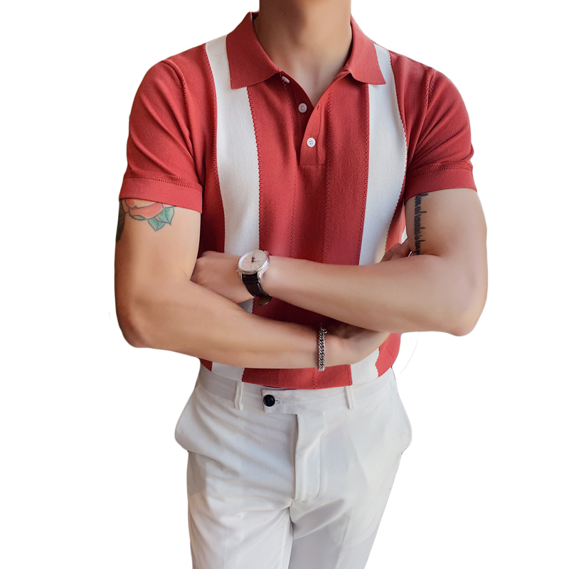 Summer Men's Short-sleeved Knitted Casual POLO Shirts Contrast Color British Slim Lapel Ice Silk POLO Shirt Men Clothes 210308