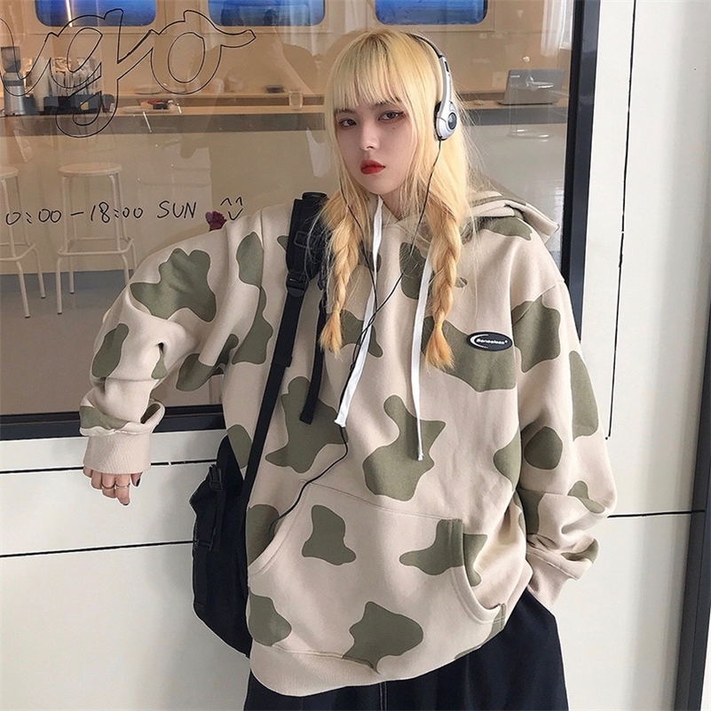 Oversized Hoodies Women Fashion Cow Print Long Sleeve Hoodies Autumn Winter Hooded Sweatshirt Casual Loose Pullovers Female 201209