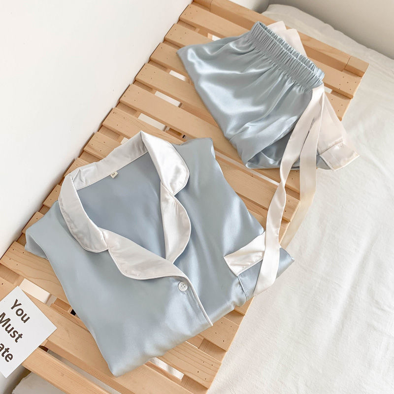 Western Soft Style ~ Contrast Color Summer Ice Silk Pajamas Women's Suit Thin Short Sleeve Shorts Simple Two