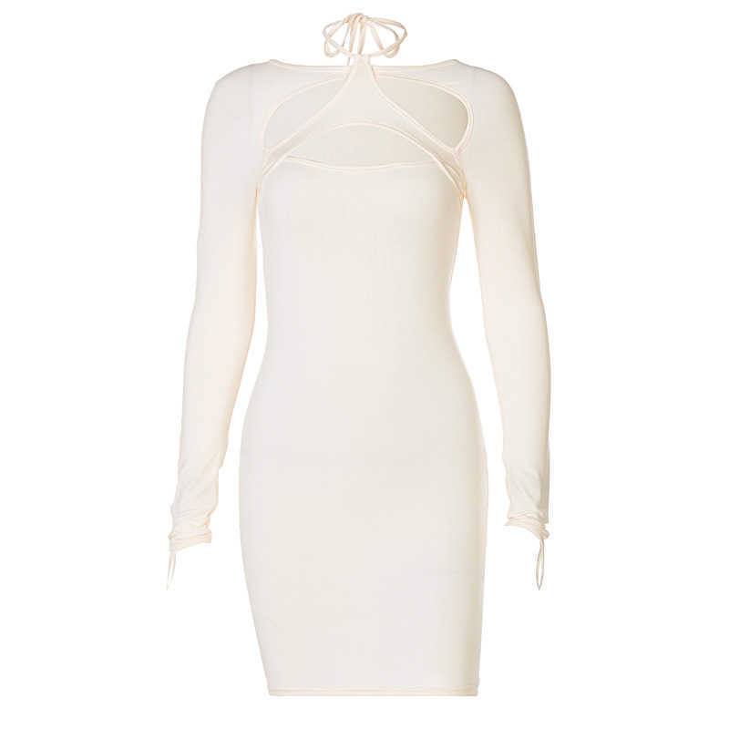 DEAT Women Sexy Slim Bottocks Mini Dress Solid Color Halter Long Sleeve Temperament Fashion Spring Summer 11B002 210709