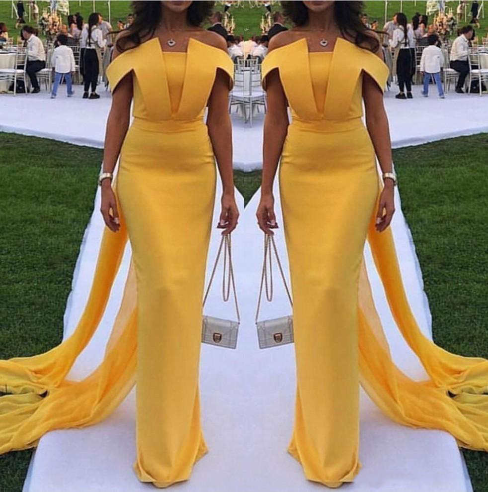 Arabic Yellow Off The Shoulder Satin Long Evening Dresses 202 Ruched Ruffles Mermaid Formal Party Prom Dresses