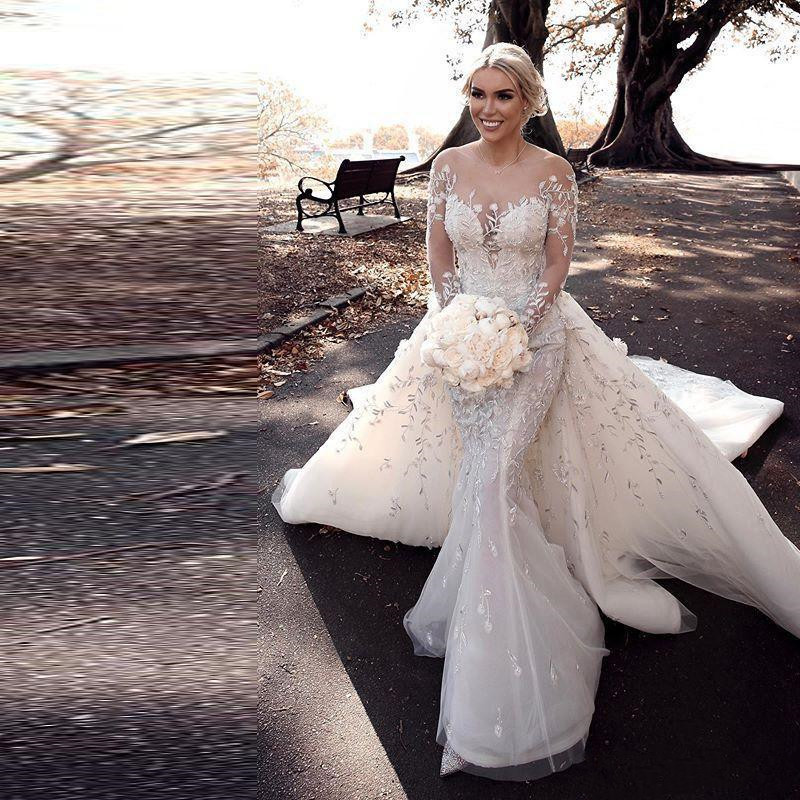 Bohemian Mermaid Wedding Dresses with Detachable Train Lace Floral Illusion Long Sleeve Country Bridal Dress Robe Robe De Mariee
