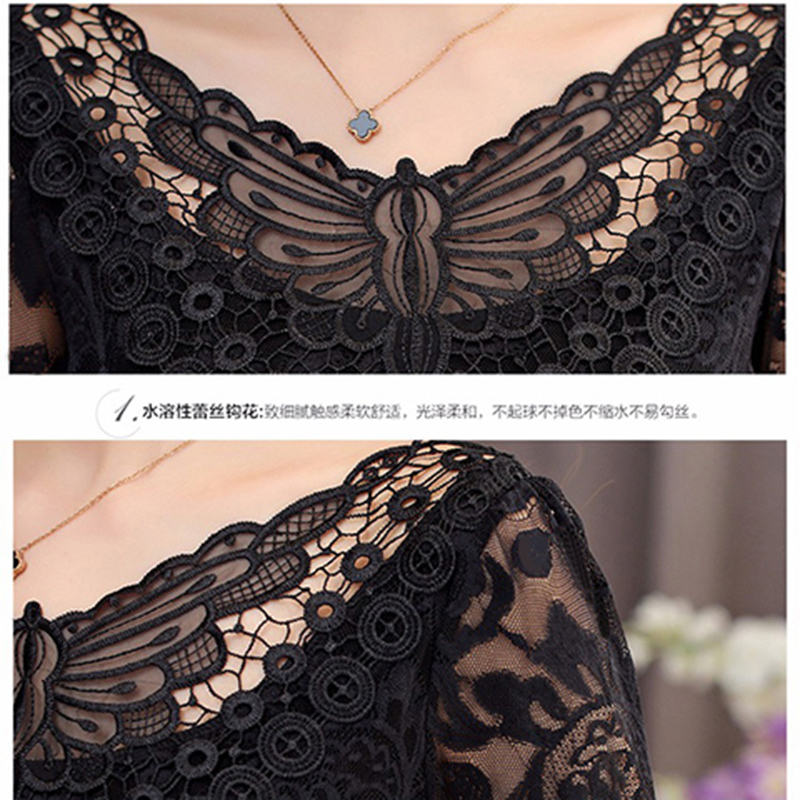 S-5XL Plus Size Spring Summer Fashion Women Elegant Black Lace Blouse Shirt Long Sleeve Sexy Top Women Plus Size Clothing DF2313 210225