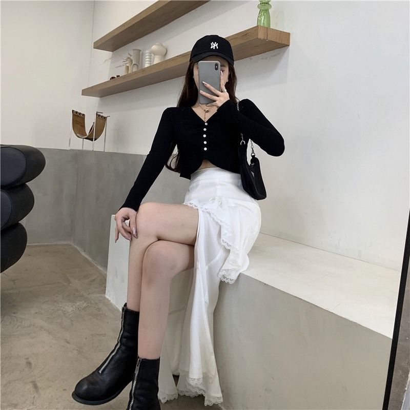 Midi Skirt Women Chic Irregular Harajuku Skirt Casual Cool Split Lace Ruffles Skirts Summer Autumn Women's Clothing New 210309