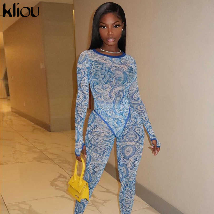 kliou fashion pattern Print Mesh Spliced Two Piece Set Women Long Sleeve See Through Bodysuit leggings slim 2 Piece Outfit 210714 - view 5