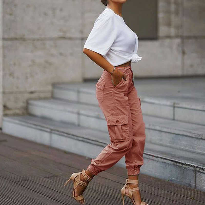 Yskkt Cargo Pants Women High Waist Spring Autumn Pocket Slim Sweatpants Fashion Streetwear Long Overalls Pant Elastics Trousers 211006