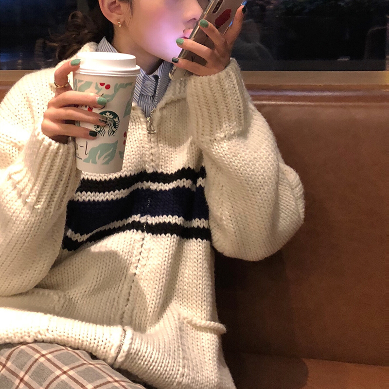 2 Colors autumn and winter korean style turn down collar stripe zipper thick knittd cardigans womens sweaters womens(C8540) 210218