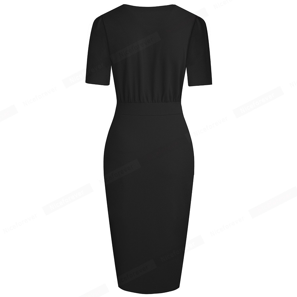 Nice-forever Elegant Pure Color with Button Office Work vestidos Business Party Slim Bodycon Women Pencil Dress B583 210224
