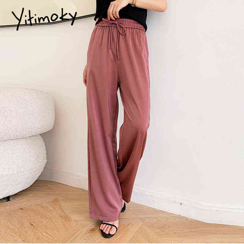 Yitimoky Satin Silk Pants Women Wide Leg Loose Drawstring Office White Fashion Black Elastic High Waist Trousers 211115